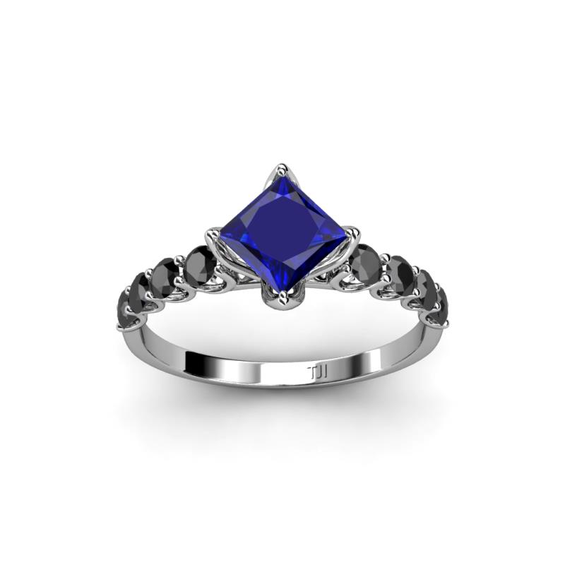 Lab Created Blue Sapphire Princess Cut & Black Diamond Engagement Ring