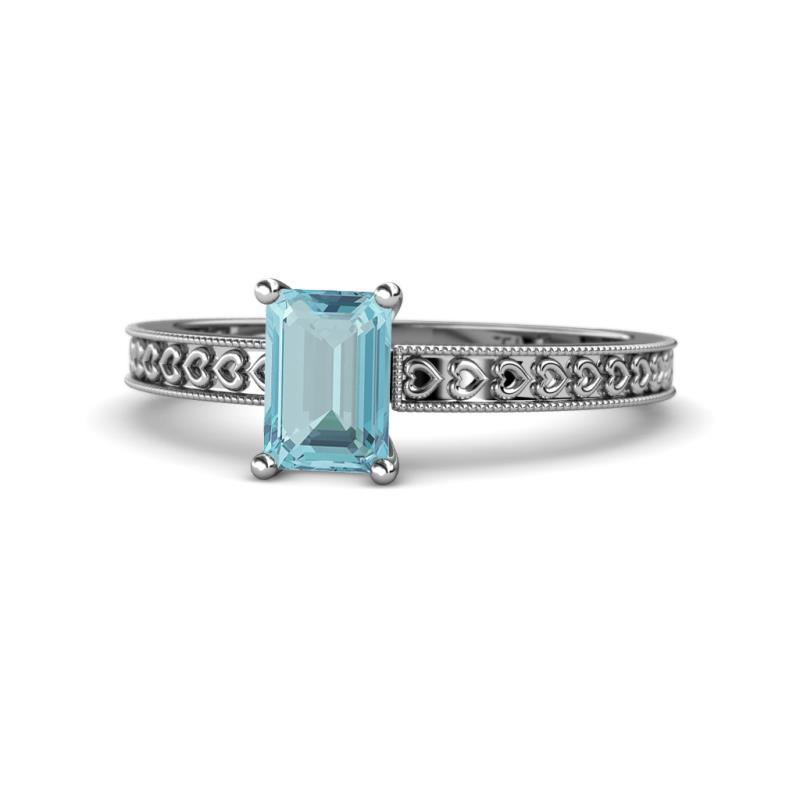 Janina Classic Emerald Cut Aquamarine Solitaire Engagement Ring Emerald Cut x Aquamarine Heart Engraved Womens Solitaire Engagement Ring ct K White Gold