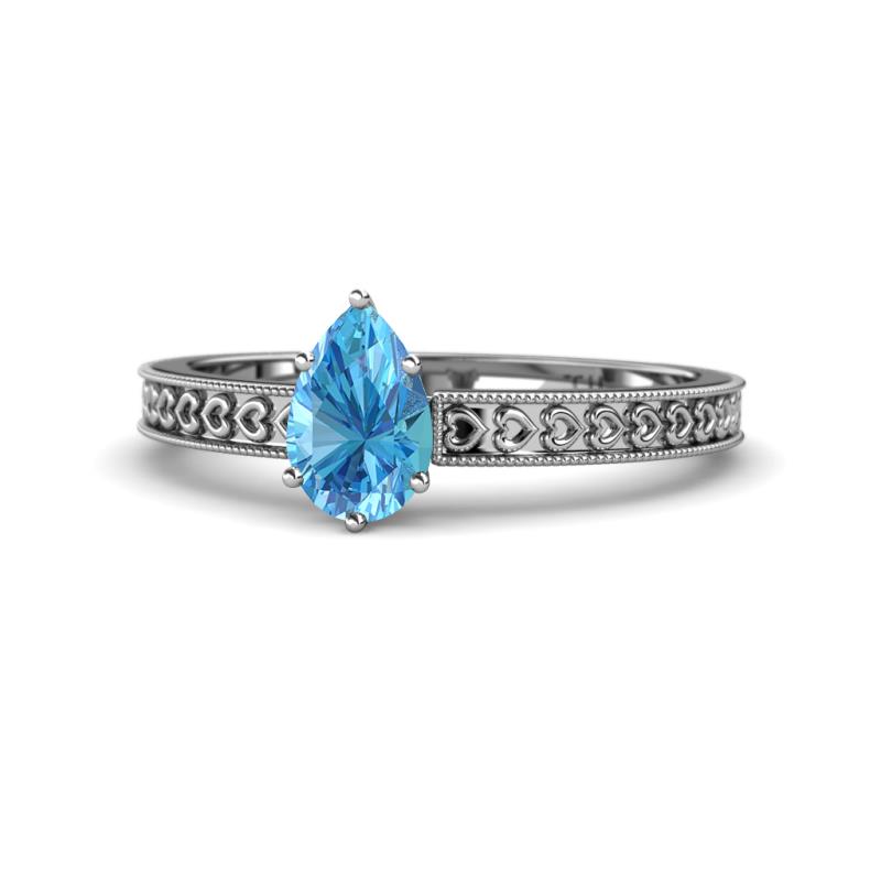 Janina Classic Pear Cut Blue Topaz Solitaire Engagement Ring Pear Cut x Blue Topaz Heart Engraved Womens Solitaire Engagement Ring ct K White Gold