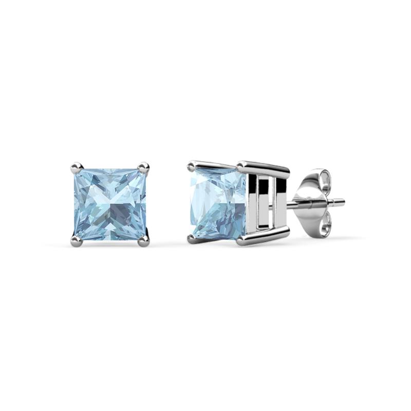 Zoey Aquamarine Solitaire Stud Earrings Princess Cut Aquamarine ctw Four Prong Solitaire Womens Stud Earrings K White Gold