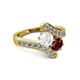 2 - Eleni White Sapphire and Ruby with Side Diamonds Bypass Ring 