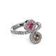 3 - Kevia Smoky Quartz and Rhodolite Garnet with Side Diamonds Bypass Ring 