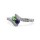 1 - Eleni Green Garnet and Blue Sapphire with Side Diamonds Bypass Ring 