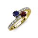 3 - Delise 5.00mm Round Blue Sapphire and Red Garnet with Side Diamonds Bypass Ring 