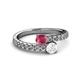 2 - Delise 5.00mm Round Rhodolite Garnet and White Sapphire with Side Diamonds Bypass Ring 