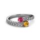 2 - Delise 5.00mm Round Rhodolite Garnet and Citrine with Side Diamonds Bypass Ring 