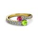 2 - Delise 5.00mm Round Rhodolite Garnet and Peridot with Side Diamonds Bypass Ring 
