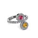 3 - Kevia Citrine and Rhodolite Garnet with Side Diamonds Bypass Ring 