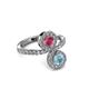 3 - Kevia Aquamarine and Rhodolite Garnet with Side Diamonds Bypass Ring 