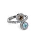 3 - Kevia Aquamarine and Smoky Quartz with Side Diamonds Bypass Ring 