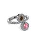 3 - Kevia Pink Tourmaline and Smoky Quartz with Side Diamonds Bypass Ring 