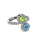 3 - Kevia Blue Topaz and Peridot with Side Diamonds Bypass Ring 