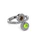3 - Kevia Peridot and Smoky Quartz with Side Diamonds Bypass Ring 