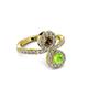 3 - Kevia Peridot and Smoky Quartz with Side Diamonds Bypass Ring 