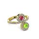 3 - Kevia Peridot and Rhodolite Garnet with Side Diamonds Bypass Ring 