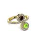 3 - Kevia Peridot and Red Garnet with Side Diamonds Bypass Ring 
