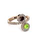 3 - Kevia Peridot and Red Garnet with Side Diamonds Bypass Ring 