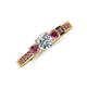 4 - Valene Diamond and Rhodolite Garnet Three Stone with Side Rhodolite Garnet Ring 