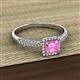 2 - Emily Classic 5.50 mm Princess Cut Lab Created Pink Sapphire and Round Diamond Micro Pave Tapered Shank Halo Engagement Ring 
