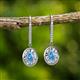 2 - Dahlia Iris Oval Cut Blue Topaz and Baguette Diamond Halo Dangling Earrings 