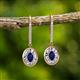 2 - Dahlia Iris Oval Cut Blue Sapphire and Baguette Diamond Halo Dangling Earrings 