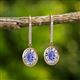 2 - Dahlia Iris Oval Cut Tanzanite and Baguette Diamond Halo Dangling Earrings 