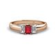 1 - Sharon 6x4 mm Emerald Cut Ruby and Diamond Trellis Three Stone Engagement Ring 
