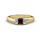 1 - Sharon 6x4 mm Emerald Cut Red Garnet and Diamond Trellis Three Stone Engagement Ring 