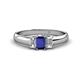 1 - Sharon 6x4 mm Emerald Cut Blue Sapphire and Lab Grown Diamond Trellis Three Stone Engagement Ring 