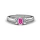 1 - Sharon 6x4 mm Emerald Cut Pink Sapphire and Lab Grown Diamond Trellis Three Stone Engagement Ring 