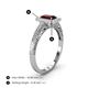 4 - Wanda Desire Emerald Cut 7x5 mm Red Garnet and Round Diamond Leaf Engraved Halo Engagement Ring 