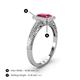 4 - Wanda Desire Emerald Cut 7x5 mm Rhodolite Garnet and Round Diamond Leaf Engraved Halo Engagement Ring 