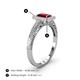 4 - Wanda Desire Emerald Cut 7x5 mm Ruby and Round Diamond Leaf Engraved Halo Engagement Ring 