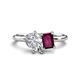 1 - Nadya Pear Shape Forever Brilliant Moissanite & Emerald Shape Rhodolite Garnet 2 Stone Duo Ring 