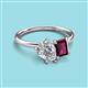 3 - Nadya Pear Shape Forever One Moissanite & Emerald Shape Rhodolite Garnet 2 Stone Duo Ring 