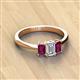 2 - Daria 6x4 mm Emerald Cut Diamond and Rhodolite Garnet Side Gallery Work Three Stone Engagement Ring 