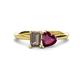 1 - Esther Emerald Shape Smoky Quartz & Heart Shape Rhodolite Garnet 2 Stone Duo Ring 