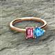 2 - Esther Emerald Shape Pink Tourmaline & Heart Shape Blue Topaz 2 Stone Duo Ring 