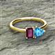 2 - Esther Emerald Shape Rhodolite Garnet & Heart Shape Blue Topaz 2 Stone Duo Ring 
