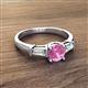 2 - Zosia 6.00 mm Round Lab Created Pink Sapphire and Tapered Baguette Diamond Three Stone Engagement Ring  
