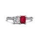 1 - Elyse 6.00 mm Cushion Shape Forever Brilliant Moissanite and 7x5 mm Emerald Shape Lab Created Ruby 2 Stone Duo Ring 