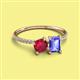 2 - Elyse 6.00 mm Cushion Shape Lab Created Ruby and 7x5 mm Emerald Shape Tanzanite 2 Stone Duo Ring 