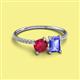 2 - Elyse 6.00 mm Cushion Shape Lab Created Ruby and 7x5 mm Emerald Shape Tanzanite 2 Stone Duo Ring 