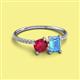 2 - Elyse 6.00 mm Cushion Shape Lab Created Ruby and 7x5 mm Emerald Shape Blue Topaz 2 Stone Duo Ring 