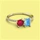 2 - Elyse 6.00 mm Cushion Shape Lab Created Ruby and 7x5 mm Emerald Shape Blue Topaz 2 Stone Duo Ring 