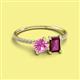 2 - Elyse 6.00 mm Cushion Shape Lab Created Pink Sapphire and 7x5 mm Emerald Shape Rhodolite Garnet 2 Stone Duo Ring 