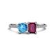 1 - Elyse 6.00 mm Cushion Shape Blue Topaz and 7x5 mm Emerald Shape Rhodolite Garnet 2 Stone Duo Ring 