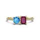 1 - Elyse 6.00 mm Cushion Shape Blue Topaz and 7x5 mm Emerald Shape Rhodolite Garnet 2 Stone Duo Ring 