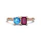 1 - Elyse 6.00 mm Cushion Shape Blue Topaz and 7x5 mm Emerald Shape Rhodolite Garnet 2 Stone Duo Ring 