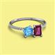 2 - Elyse 6.00 mm Cushion Shape Blue Topaz and 7x5 mm Emerald Shape Rhodolite Garnet 2 Stone Duo Ring 
